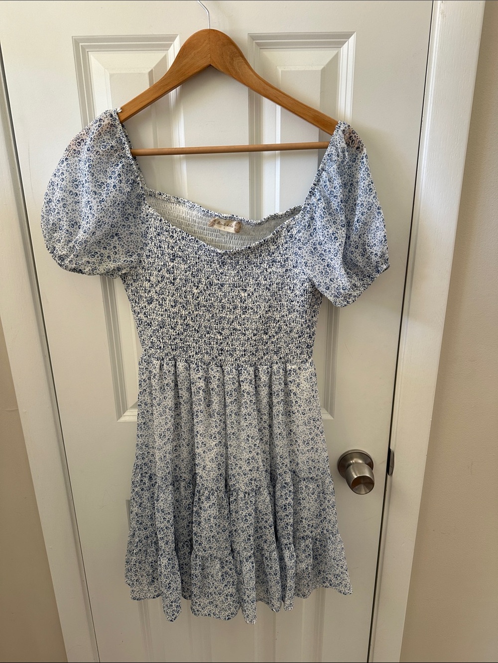 Altar'd State Blue and White Floral Puff Sleeve Dress